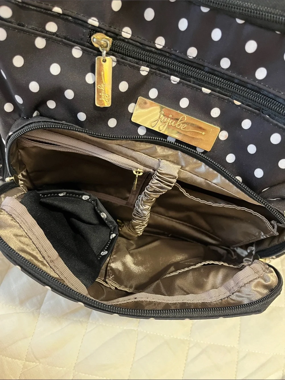 JuJuBe BFF Duchess - Polka Dot Black Baby Diaper Bag with Gold Accents